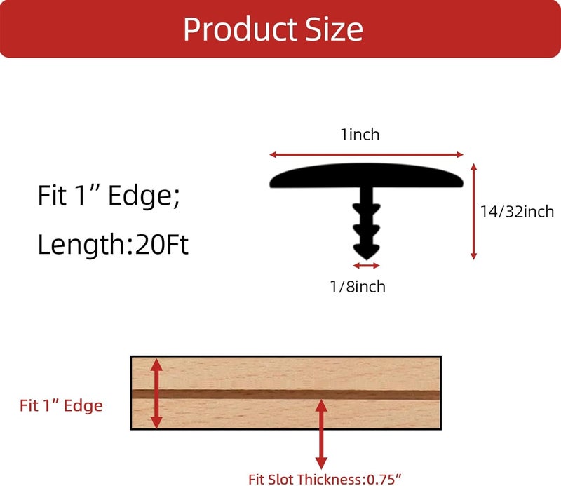 Aroilder T Rubber Trim Molding, Fit 1 inch Edge, Shelf Edging Banding, Center Barb Tee Moulding for Tables, Floor Transition Strip, Machines Decorative, Black, 20FT - Image 2